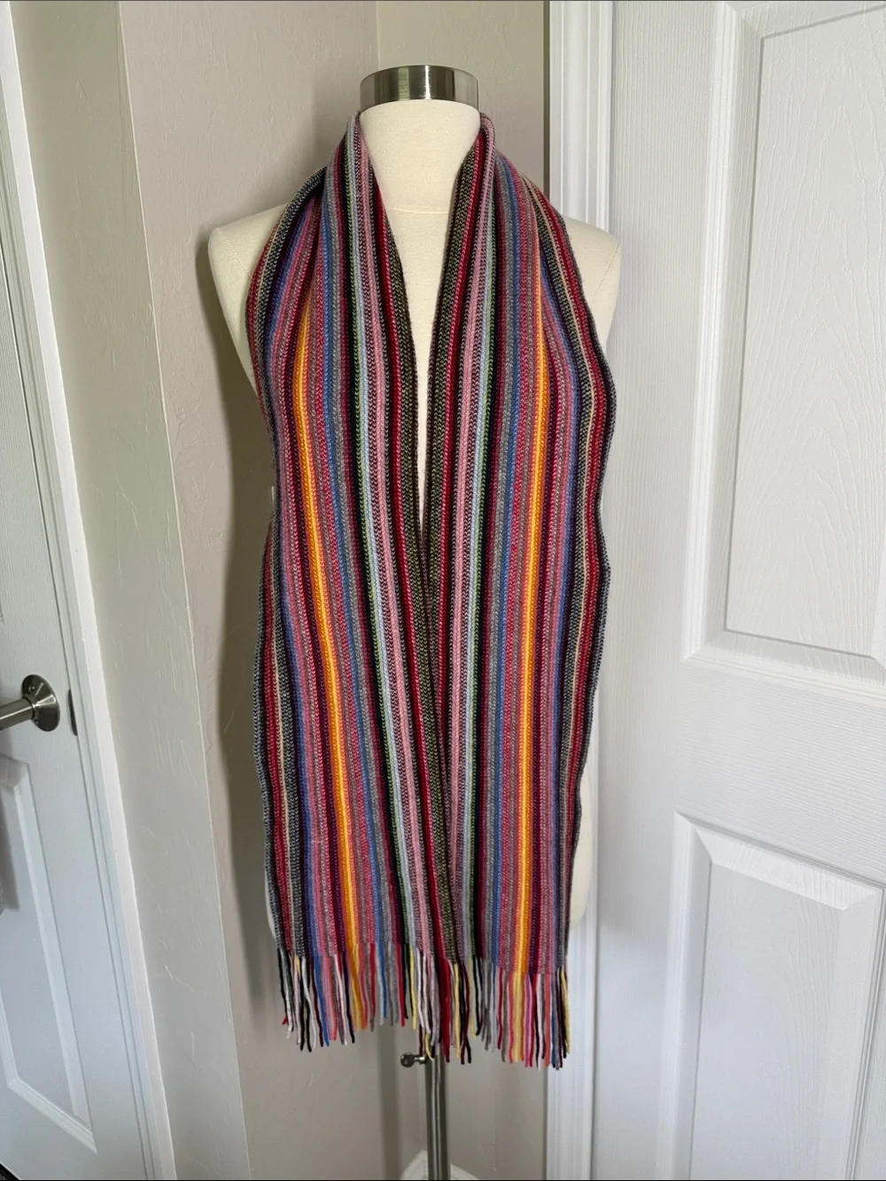 The scarf company colorful rainbow striped cashmere scarf with fringe NWT